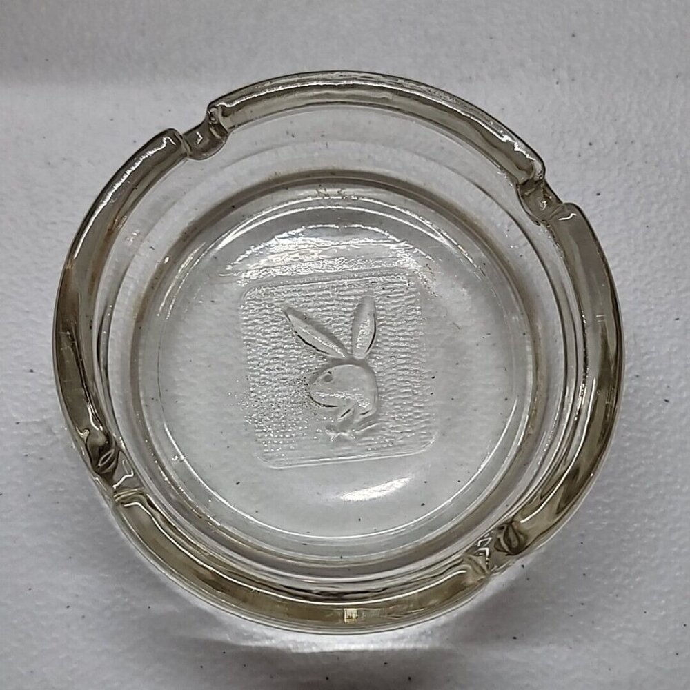 VTG Playboy Bunny Logo Etched Clear Glass Ashtray 4 Slot